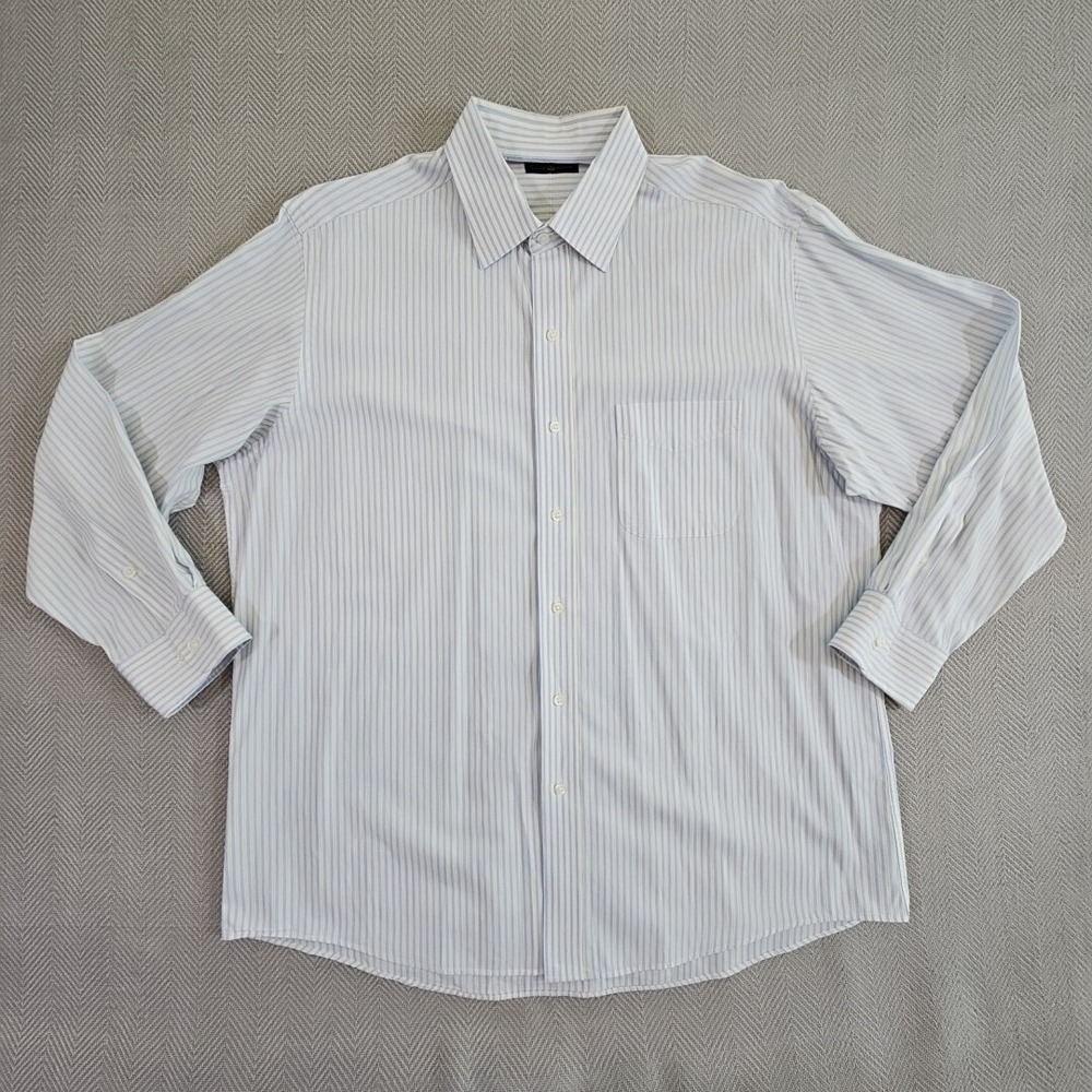 Club Room Mens Blue Stripe Button Up Shirt 16.5 32/33 100% Cotton No Iron EUC 48